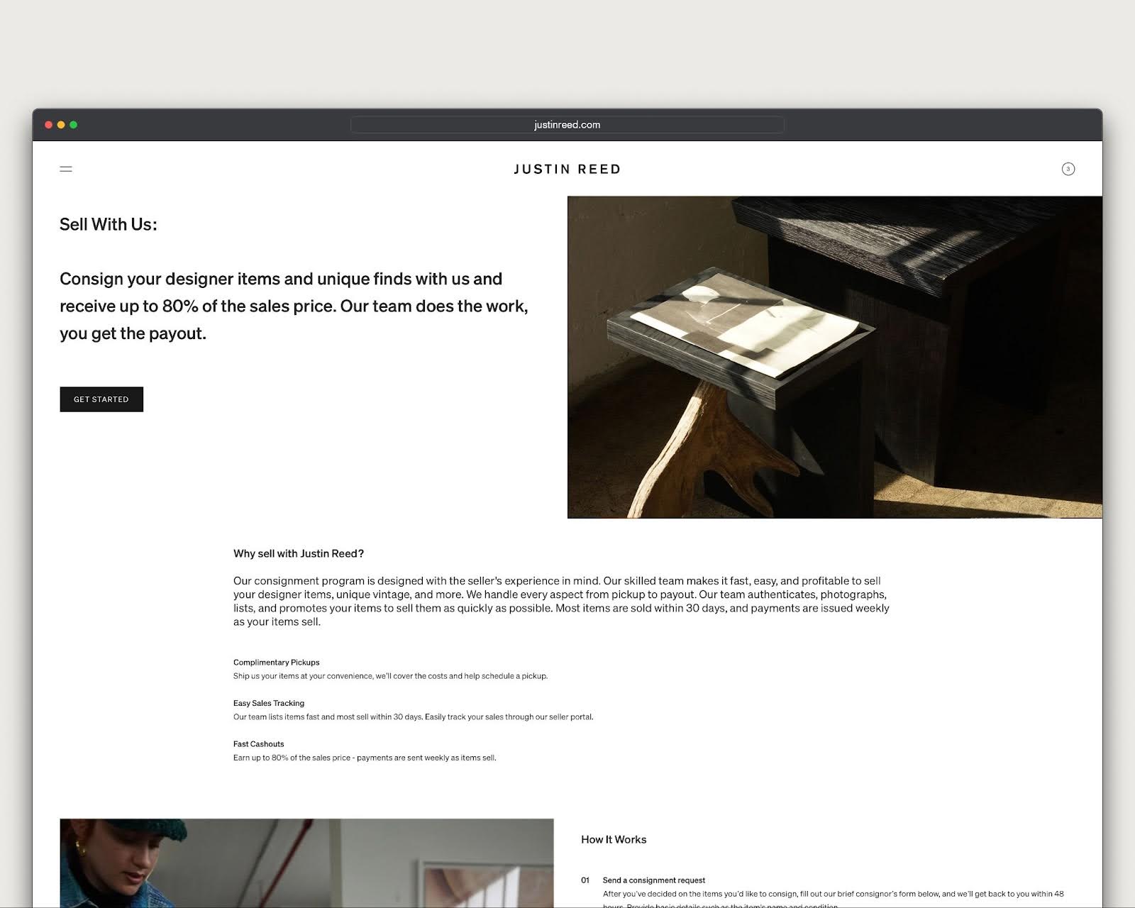 Justin Reed consignment how-to page with minimalist imagery and text alongside ample white space.