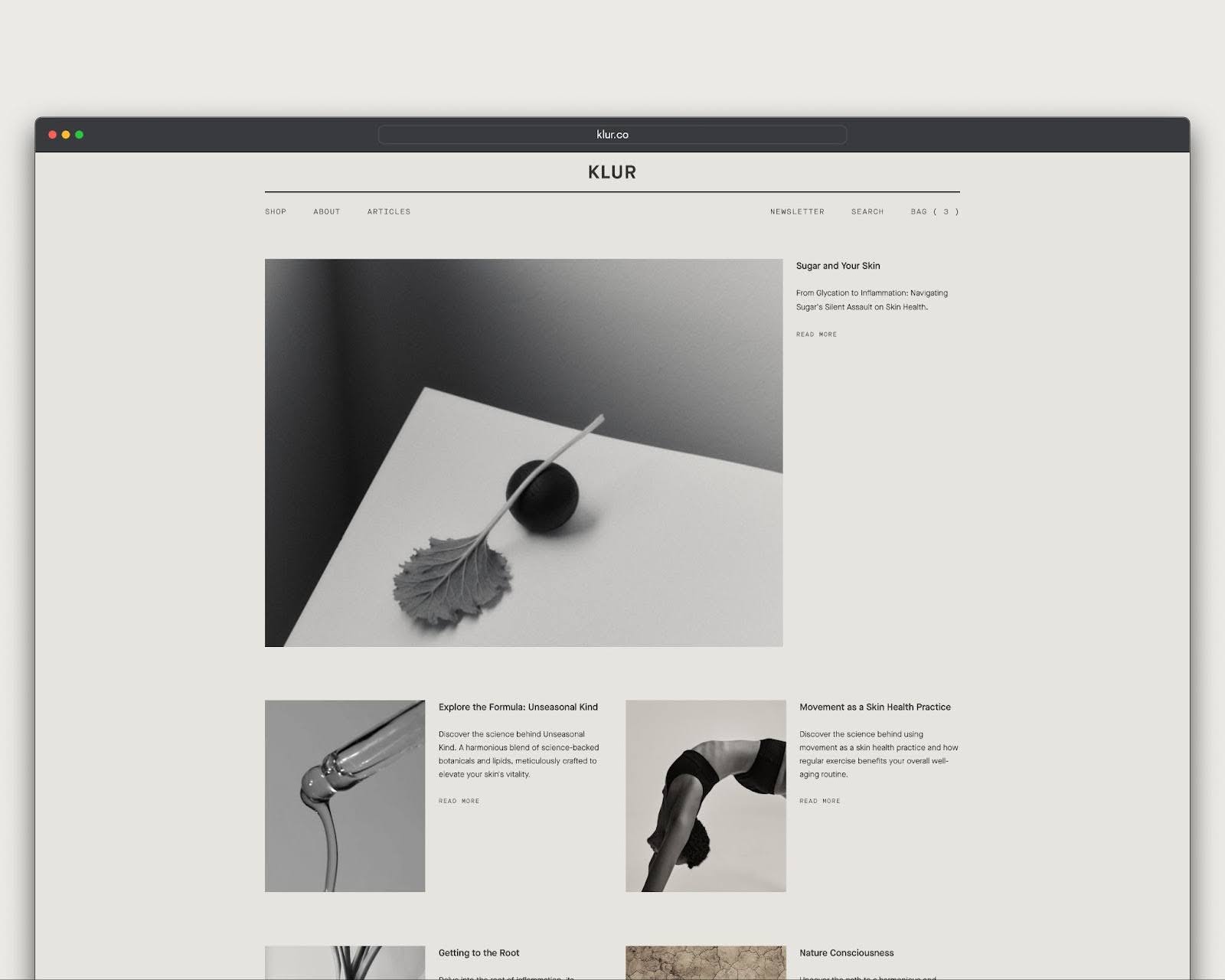 Skincare business Klur’s homepage featuring grayscale minimalist imagery.