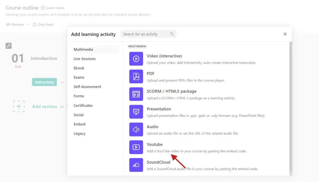  A screenshot of LearnWorlds dashboard showing the addition of YouTube video as a learning activity.