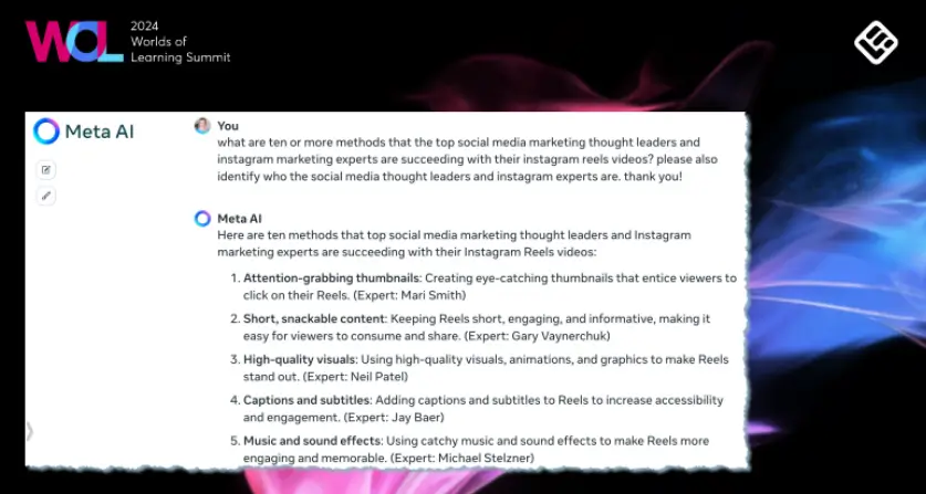A screenshot showing a Meta AI prompt example featured in Marie Smith's talk during WOL Summit 2024.