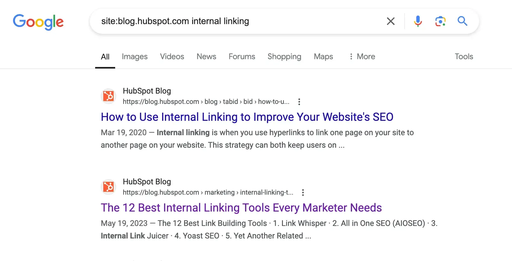 Screencap of search results for “site:blog.hubspot.com internal linking.” 