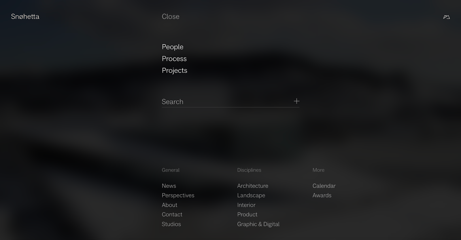 Snøhetta architectural design practice homepage with black background and simplified nav menu.