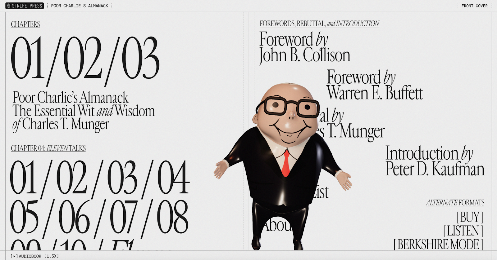 Monochrome text-based site with cartoonish businessman figurine promoting Poor Charlie’s Almanack.