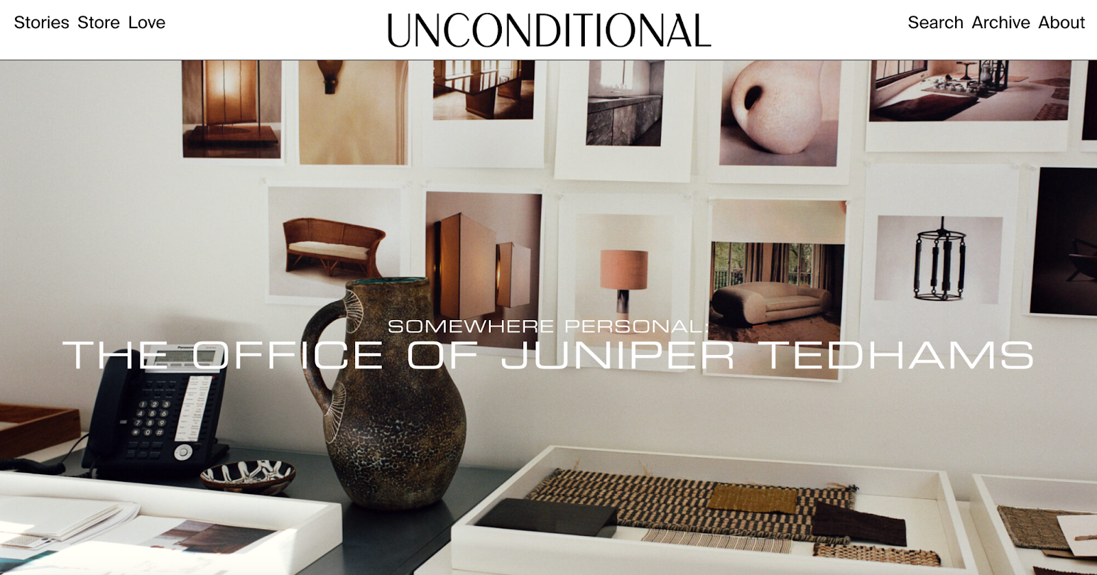 Unconditional’s homepage featuring a hero image of an interior designer’s office wall and desktop.