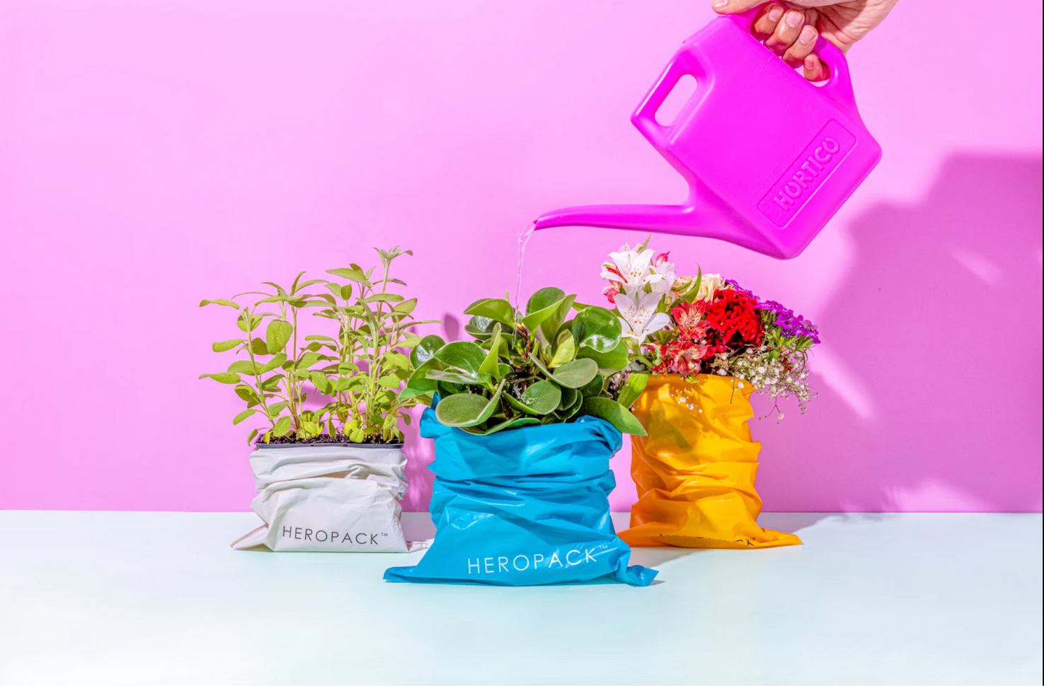 Hero Packaging’s biodegradable mailers being used to hold plants as they are watered.