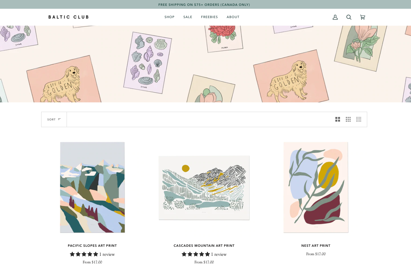 Baltic Club website displays landscape and plant prints sold as gift cards and posters.