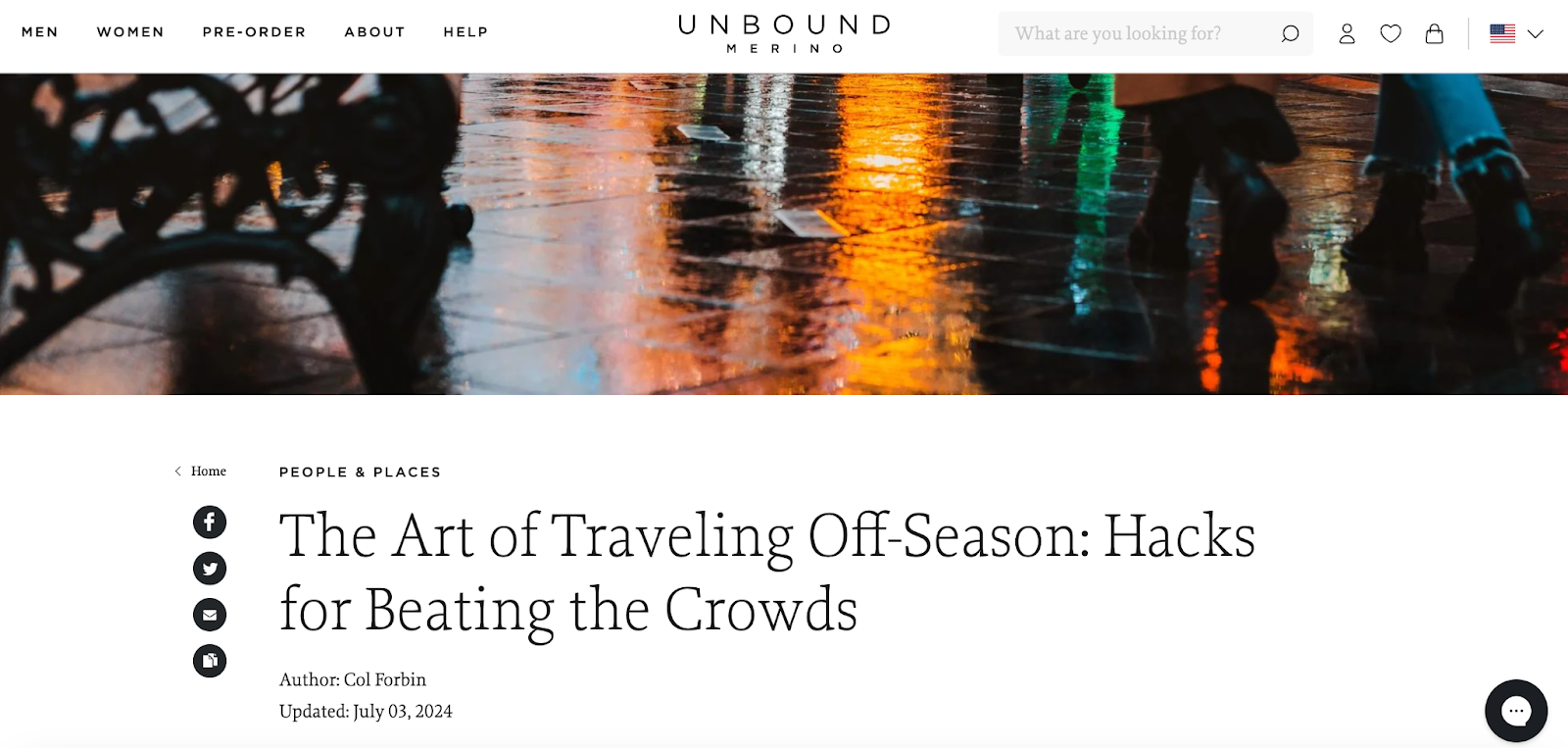 A blog post from Unbound Merino titled The Art of Traveling Off-Season: Hacks for Beating the Crowds.