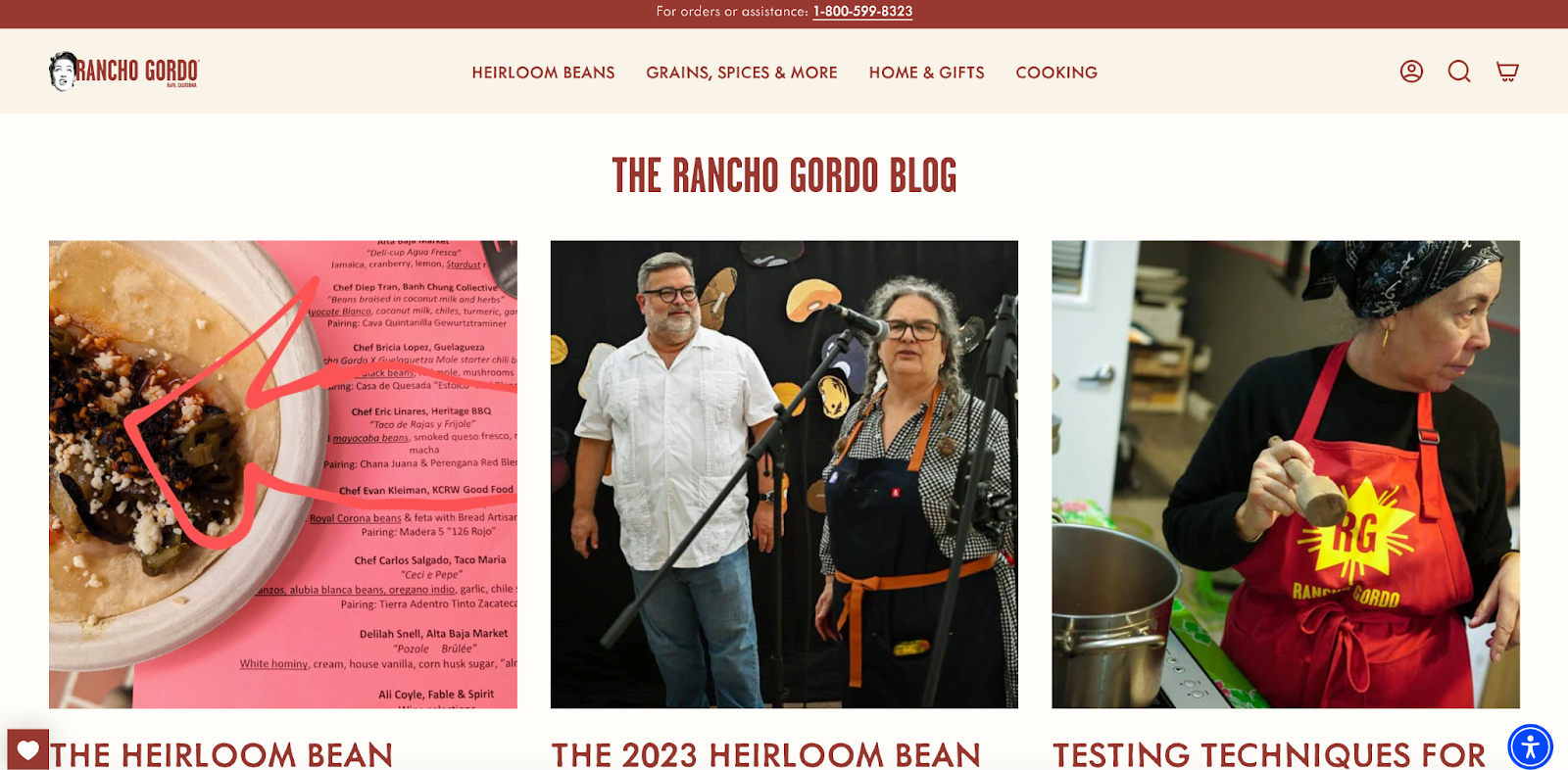 The Rancho Gordo blog homepage with three main blog entries with large square images.