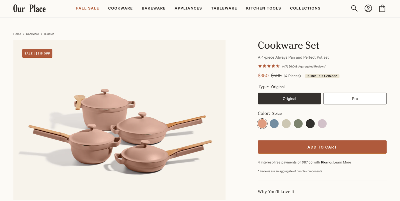 Our Place’s ecommerce site includes an “add to cart” option for a full cookware set.