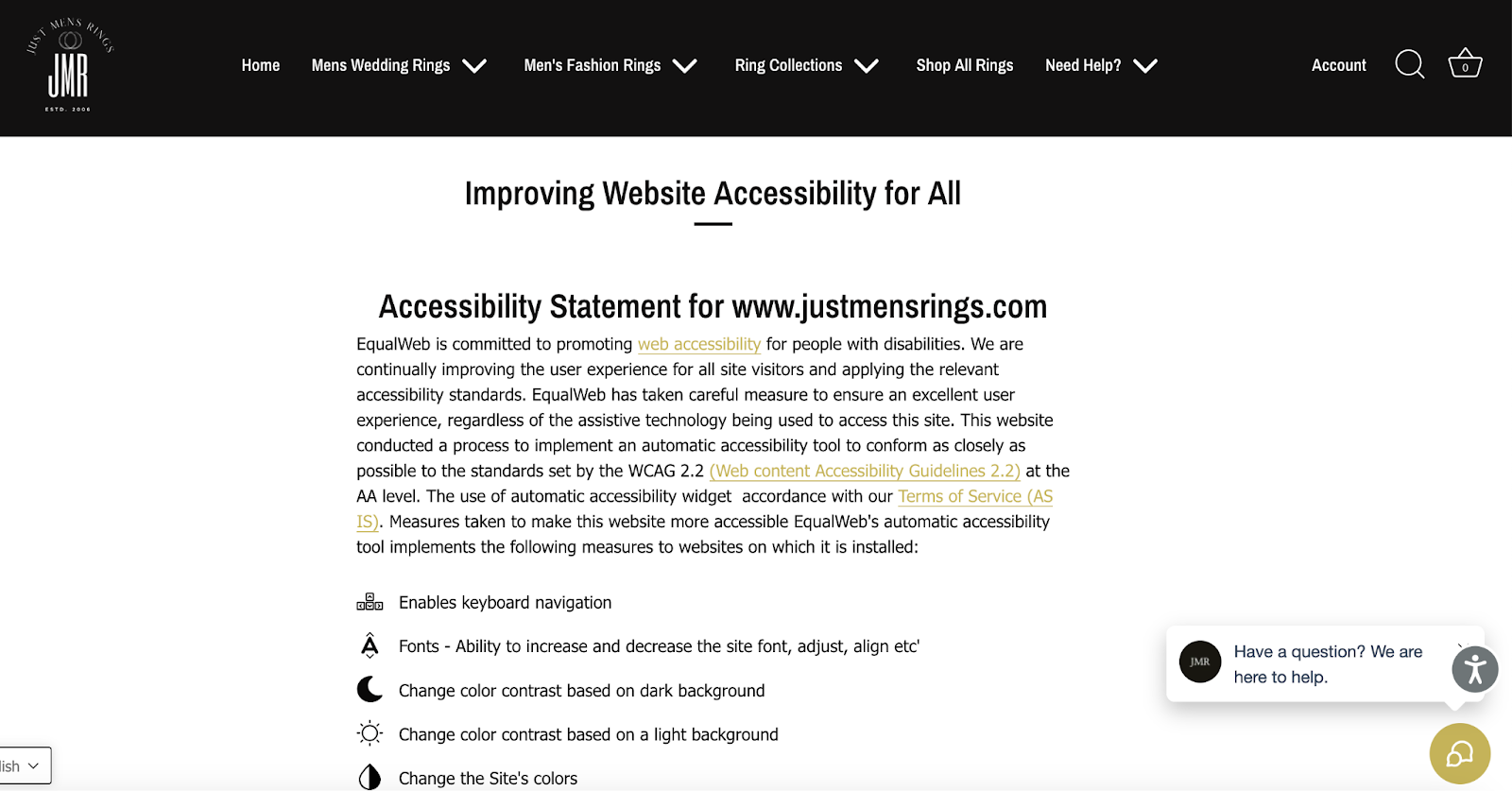 Just Mens Rings’ accessibility page explains how it offers customizations for ease of use.