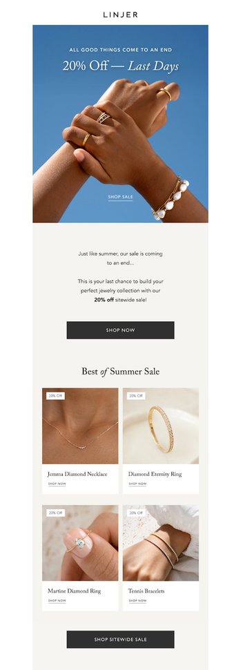 An email from Linjer, a jewelry brand, offering a 20% discount on its products.