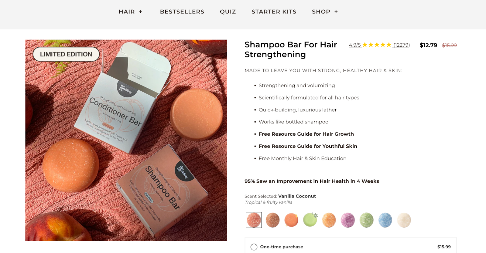 Shampoo bars product page showing cardboard packaging.