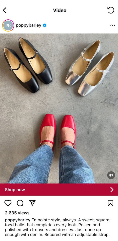 Poppy Barley, a Canadian footwear brand, uses Instagram’s video feature to display its range of en pointe–style ballet flats in black, silver, and red.