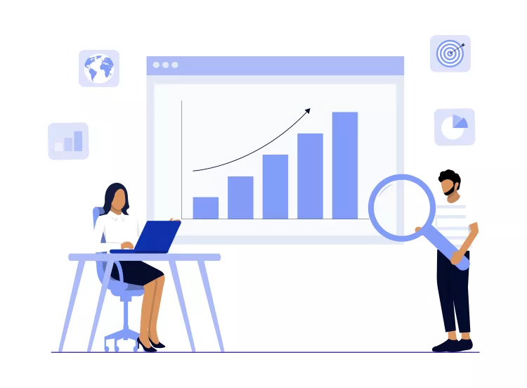 Illustration of a woman at a desk with a laptop and a man holding a magnifying glass, examining a rising bar chart on a screen. Icons of a globe and pie chart are in the background.