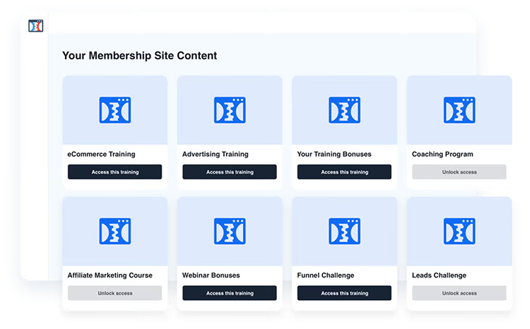 Image depicting a membership site content dashboard with options for eCommerce, advertising, training bonuses, coaching, affiliate marketing, webinars, funnel challenges, and leads challenges.