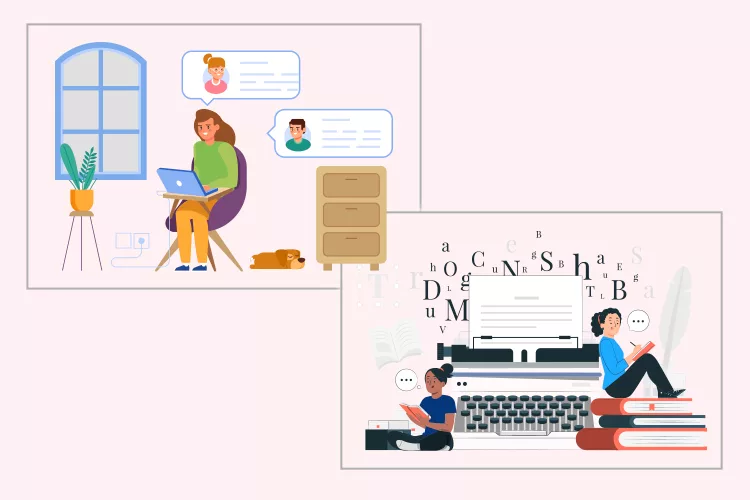 Two illustrated scenes: a woman video chatting on a laptop with two people, and two kids reading and typing, sitting on books beside a large typewriter.