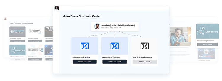 Screenshot of a customer's center with training sections for eCommerce, advertising, and a personal dashboard. Contact info is displayed at the top with sections for training access on the side.