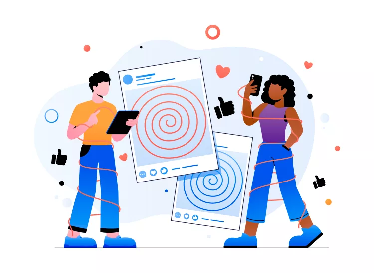 Two illustrated people interact with large social media posts featuring spirals. One holds a tablet, the other a smartphone. Reaction icons like hearts and thumbs up are scattered around.