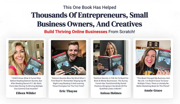 Image showing testimonials for a business book, each featuring a quote and smiling individuals holding the book.