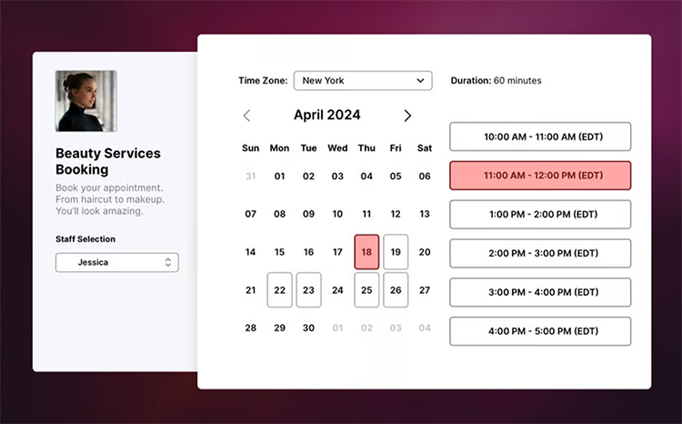 Online booking interface for beauty services showing a calendar for April 2024, with available time slots displayed for April 18. Staff selection highlighted on the left.