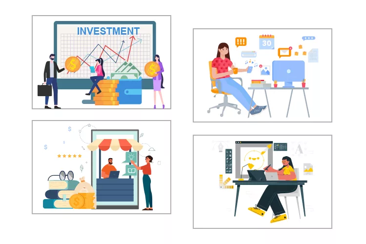 Four illustrations: investment chart with people and coins, woman at a desk with tablet, customer at store counter, and person working on a laptop with charts.