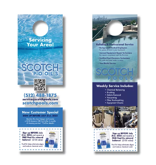 Flyers for Scotch Pools featuring contact information, services offered, and a new customer special promotion.