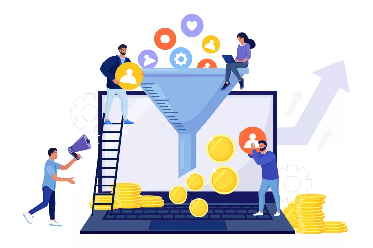 Illustration of people using a laptop and funnel to turn social media icons into coins, symbolizing conversion and revenue generation.