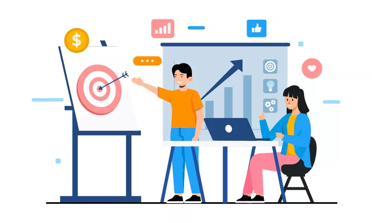 A man and woman discuss business strategies with charts and graphs. The man points to a target board with an arrow, while the woman works on a laptop. Icons illustrate data and social media growth.