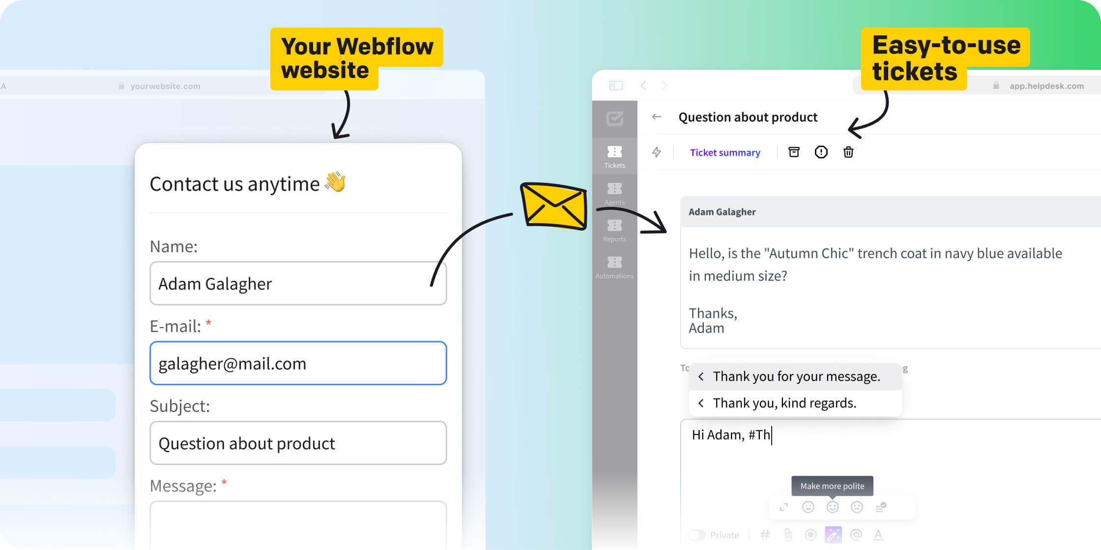 Webflow website integrated with ticketing system