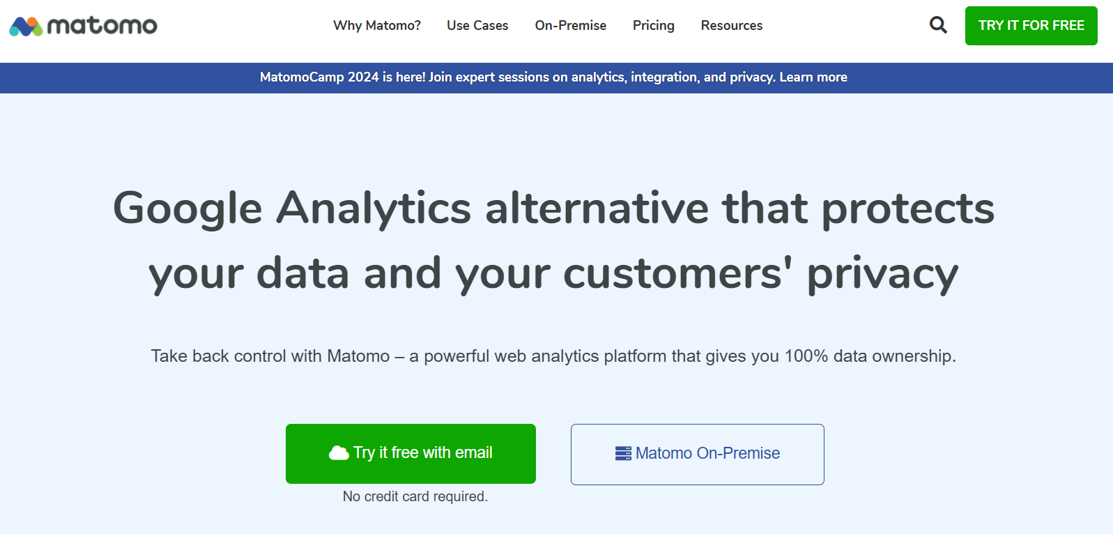 The Matomo homepage begins with the headline, “Google Analytics alternative that protects your data and your customer’s privacy.”