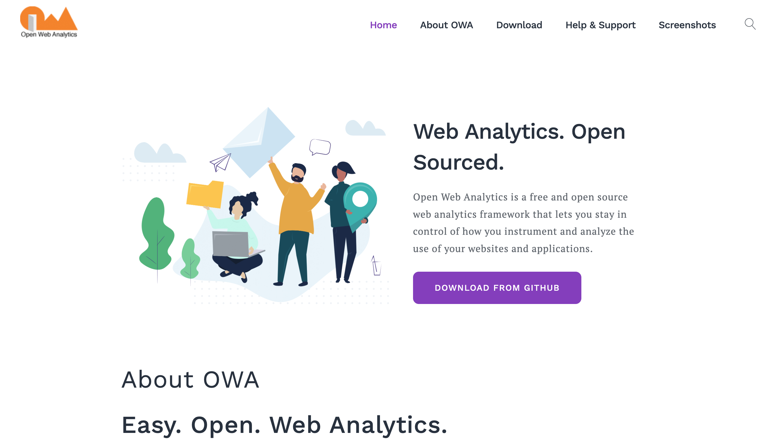 The Open Web Analytics homepage begins with a headline reading, “Web Analytics. Open Sourced.” above a CTA button to download the tool from GitHub.