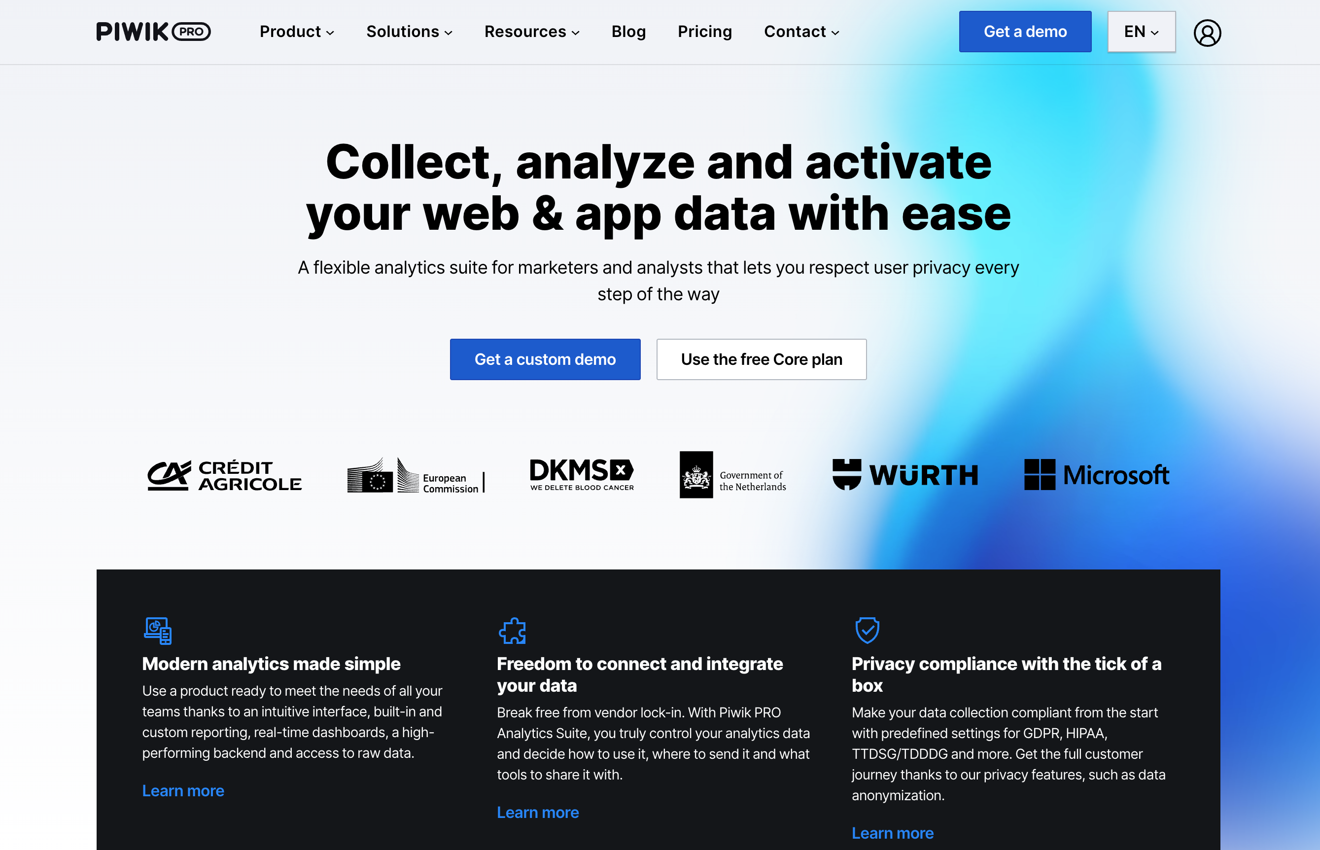 The Piwik PRO homepage begins with a headline reading, “Collect, analyze and activate your web & app data with ease.”