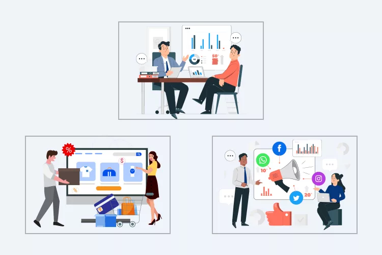 Illustrations showing business meetings, online shopping, and social media marketing with people interacting with digital interfaces and data charts.