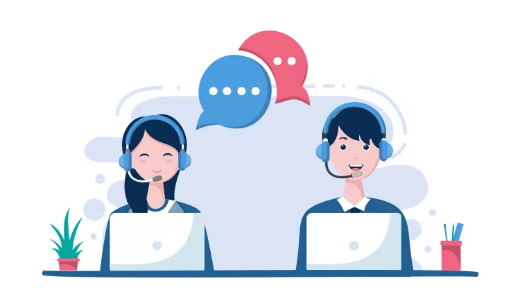 Illustration of two customer service representatives at desks wearing headsets, with speech bubbles above them.