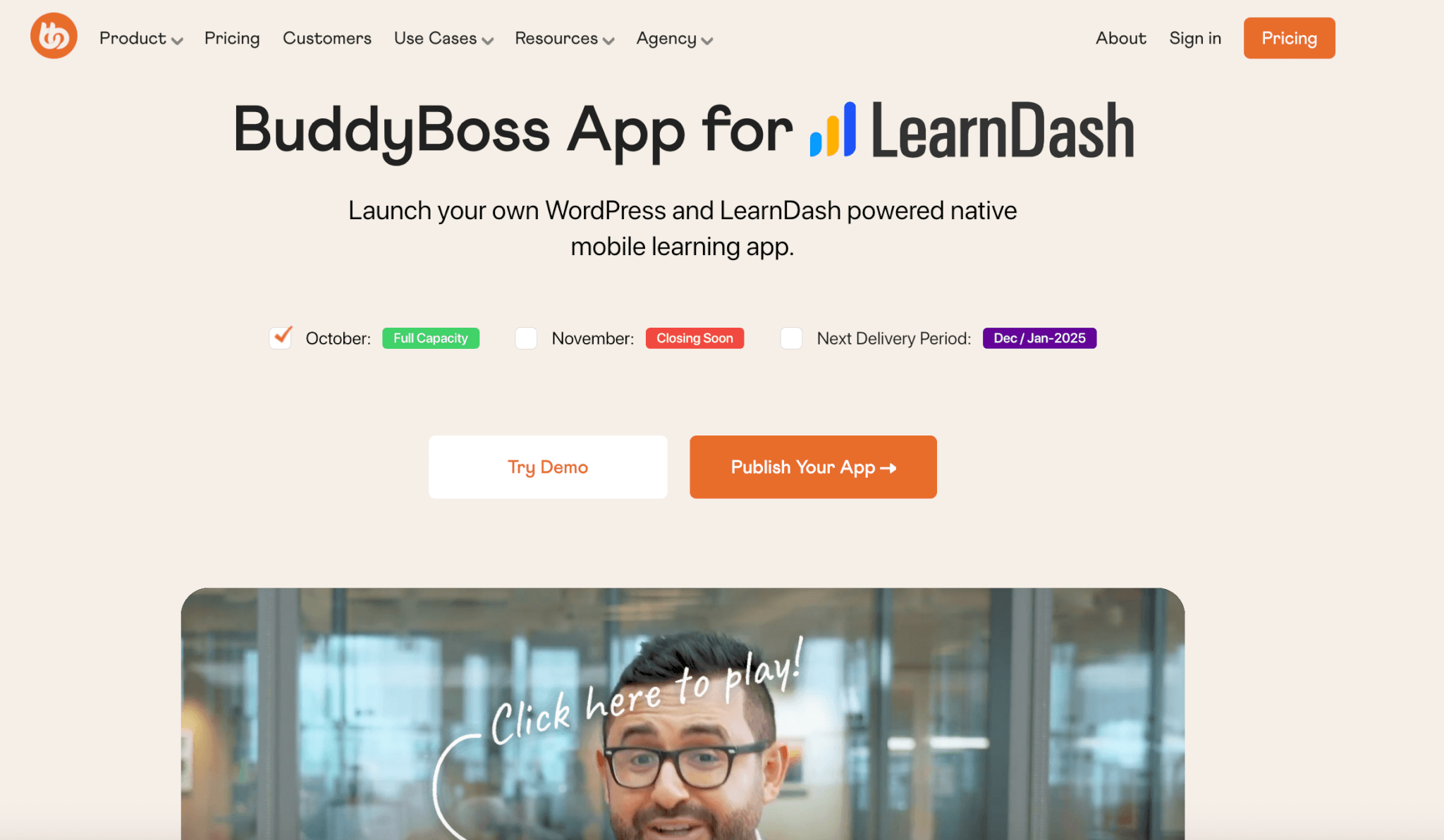 BuddyBoss App for LearnDash webpage showcasing options to launch a WordPress-powered mobile learning app, with current availability status and demo option