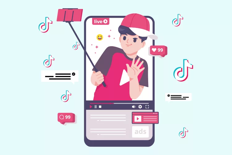 Illustration of a person livestreaming on a phone, holding a selfie stick. Various social media icons, likes, and comments are displayed around.