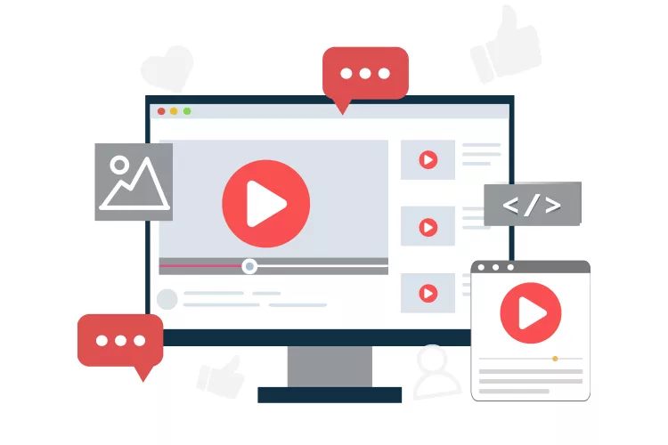 Illustration of a computer screen displaying a video player interface with icons for comments, code, and images.