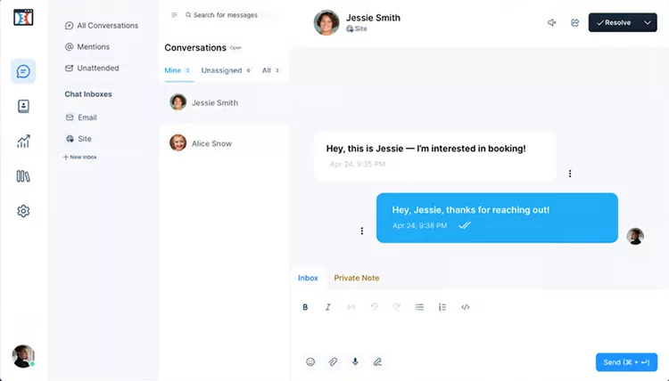 Chat interface showing a conversation between Jessie Smith and Alice Snow, discussing booking. Jessie's message appears in white, and Alice's reply is in blue, with icons for chat functions visible.