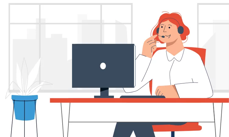 Illustration of a person with red hair wearing a headset, sitting at a desk with a computer in an office setting.