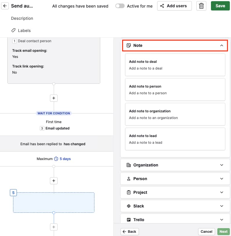 Follow-up email automation Pipedrive note