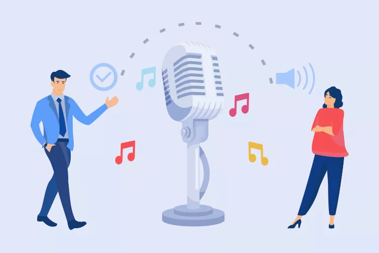 Illustration of a man and woman standing near a large microphone, with music notes and sound symbols around, indicating a discussion or podcast about music.