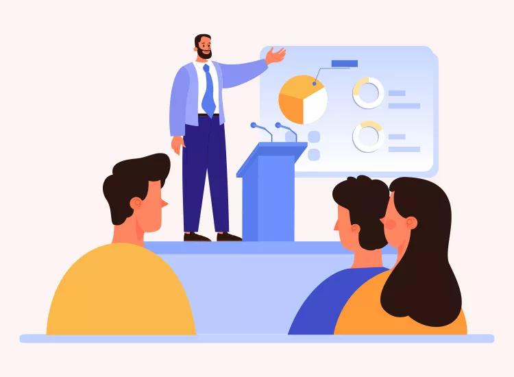 Illustration of a person giving a presentation with charts on a screen in front of an audience of three people.