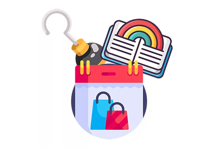 Illustration of a calendar with shopping bags, a book with a rainbow, and a magnifying glass with a hook handle, arranged together on a white background.