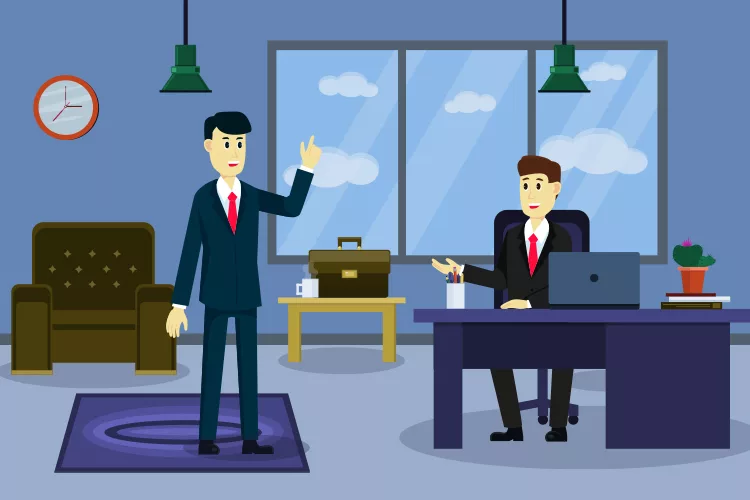 Illustration of two men in suits interacting in an office. One is sitting at a desk with a laptop, and the other is standing and gesturing.