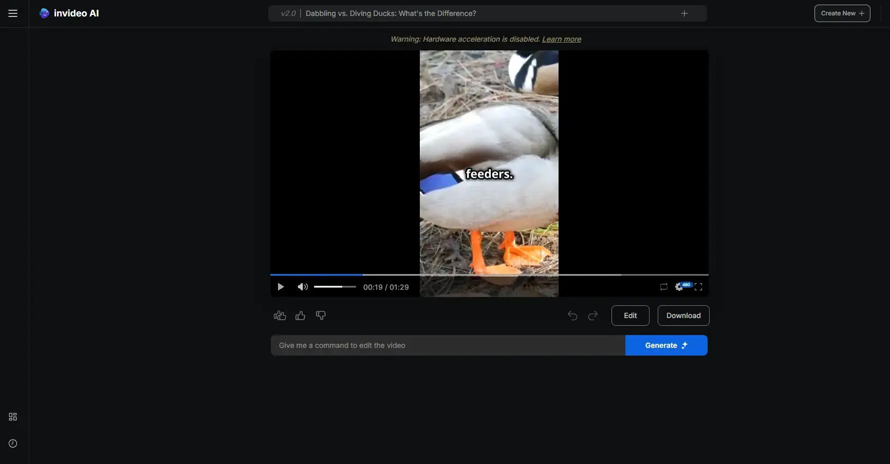 A screenshot of InVideo's dashboard with a dark background, displaying a video example that includes subtitles and a partial view of a duck in the frame.