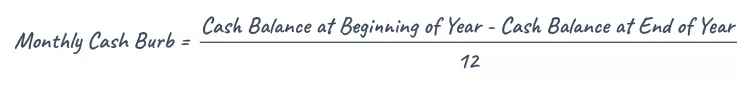 Formula for Monthly Cash Burn: (Cash Balance at Beginning of Year - Cash Balance at End of Year) divided by 12.