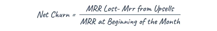 Equation for net churn: Net Churn equals (MRR Lost minus MRR from Upsells) divided by MRR at Beginning of the Month.