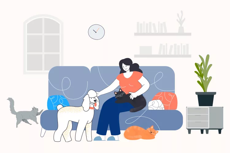 Illustration of a woman sitting on a couch with a dog, a cat on her lap, and two more cats nearby, in a living room.