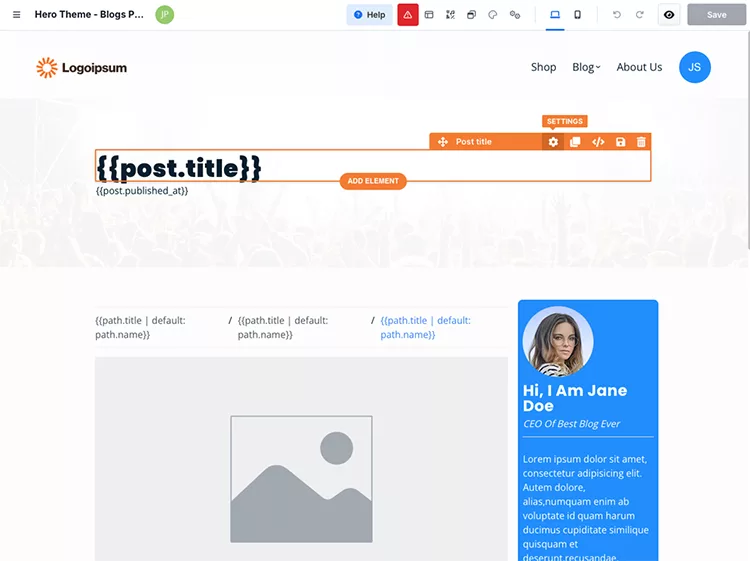 Screenshot of a website template showing a blog post editor and a user profile sidebar with placeholder text and images.