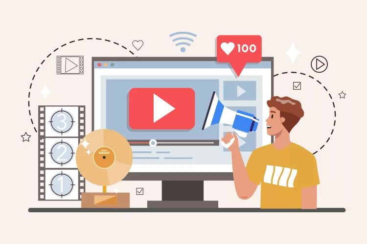 Illustration of a person promoting video content on a computer screen with a play button. Nearby is a film reel and a trophy. A speech bubble shows 100 likes.